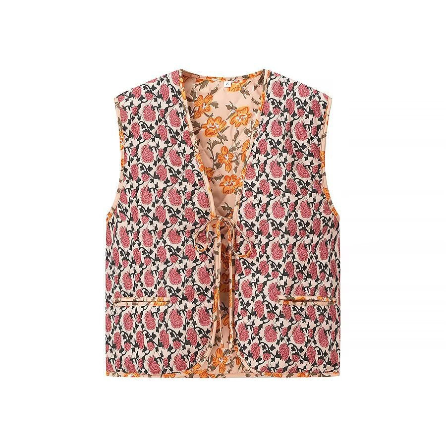 Women Padded Quilted Vest with Floral Allover Look and Tie Band Mune Fashion