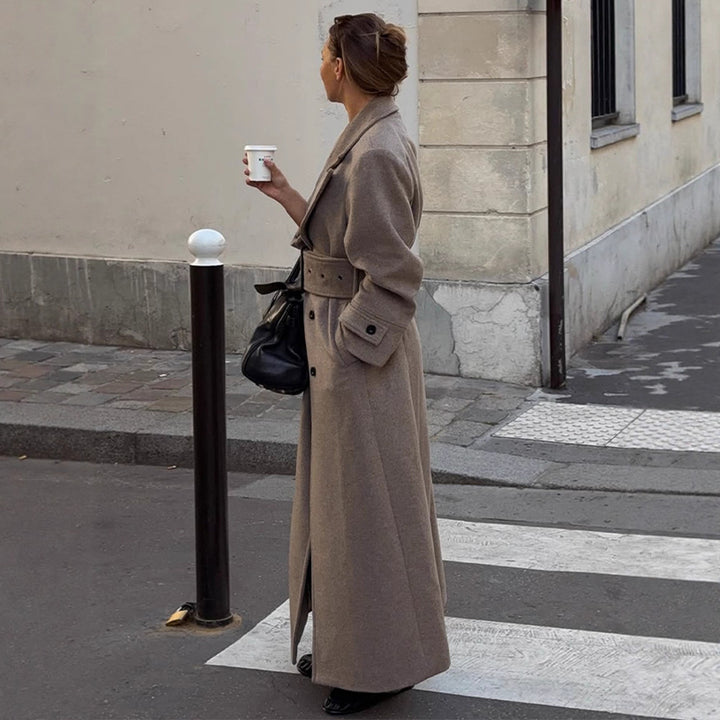 Women Maximal Wool Coat with Double-Breasted Button Placket and Wide Waist Belt Mune Fashion