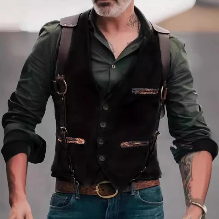 Men's Tweed Vest with Leather Straps and Vintage Details Mune Fashion