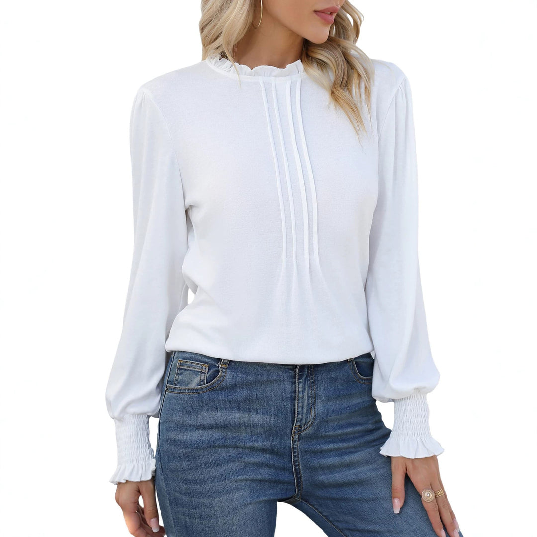 Women long sleeve blouse with stand collar, pleated front and gathered cuffs Mune Fashion