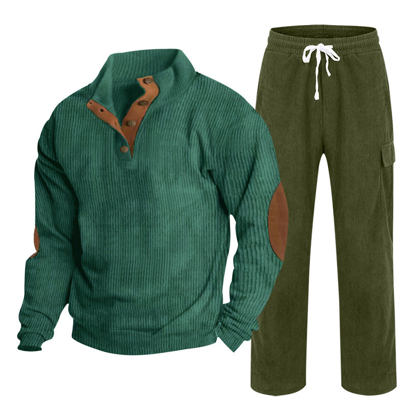 Men's Cozy Leisure Set made of Waffle Knit Henley with Elbow Patch and Relax Cargo Pants Mune Fashion