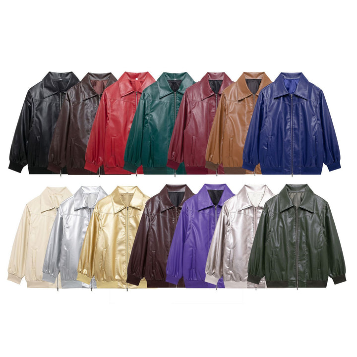 Women oversized faux leather bomber jacket with continuous zipper, oversized collar and ribbed cuffs Mune Fashion