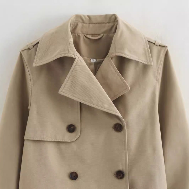 Women Cropped Trench Coat with Double Breasted and Adjustable Cuffs Mune Fashion