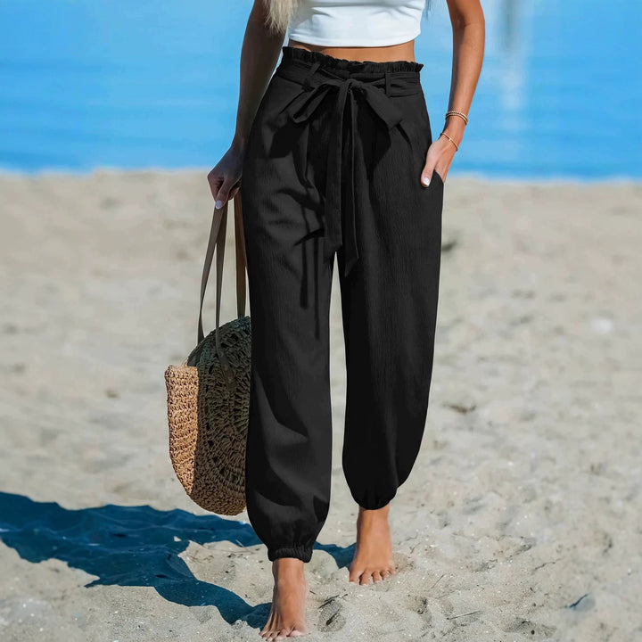 Women Lightweight Paperbag High Waist Pants with Tying Belt, Side Pockets and Elastic Ankle Cuffs Drune