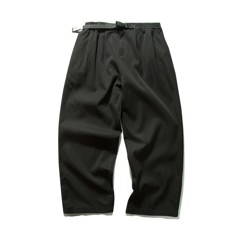 Men's Wide Relaxed Twill Pants with Elastic Waistband, D-Ring Belt, and Pleats Mune Fashion