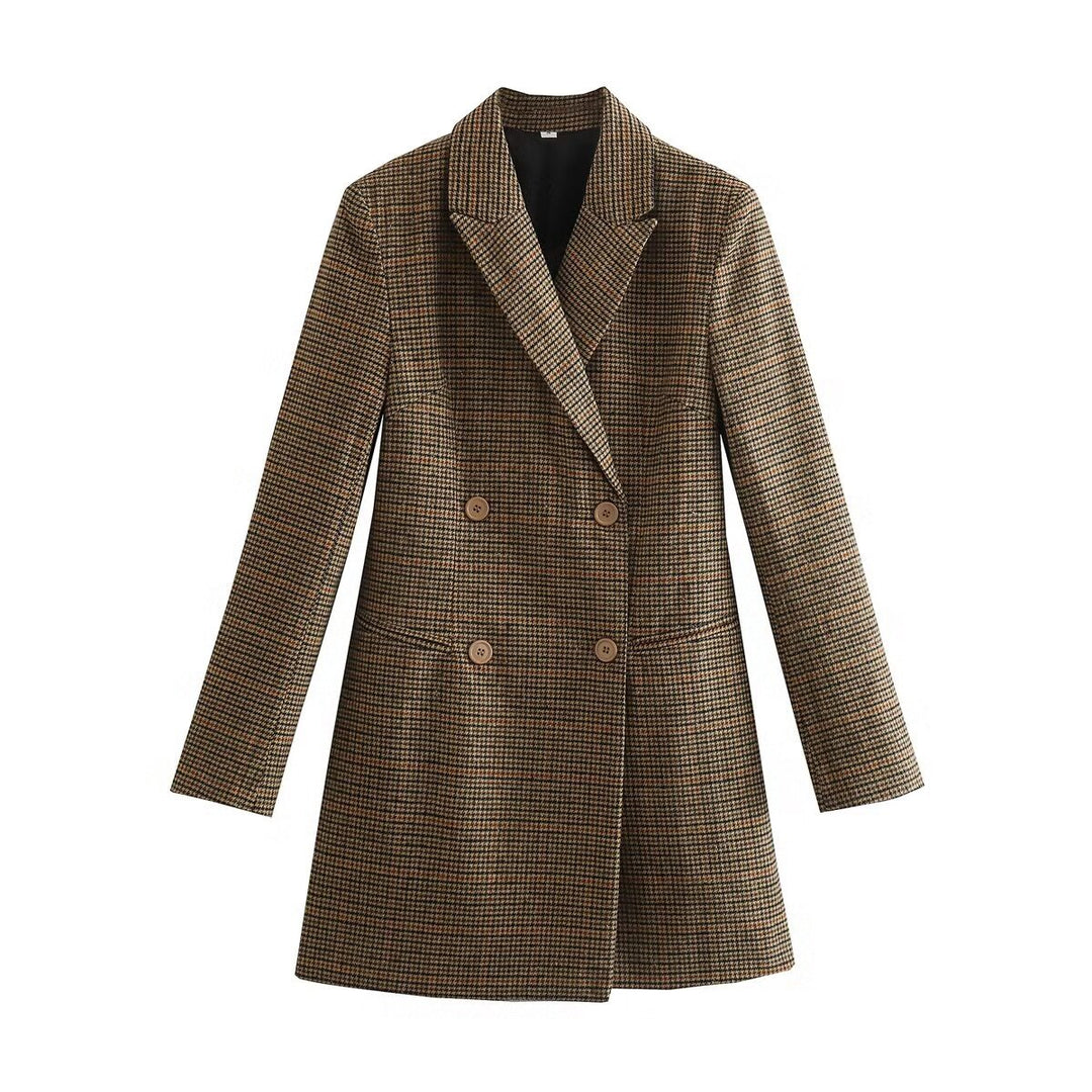 Women's tailored double-breasted long blazer with Glencheck structure, shawl collar, and flap pockets Mune Fashion