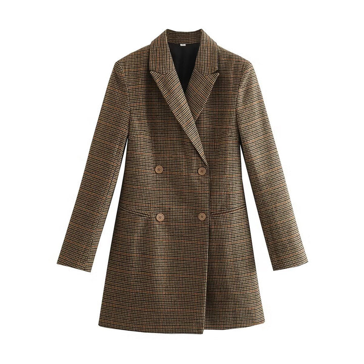 Women's tailored double-breasted long blazer with Glencheck structure, shawl collar, and flap pockets Mune Fashion