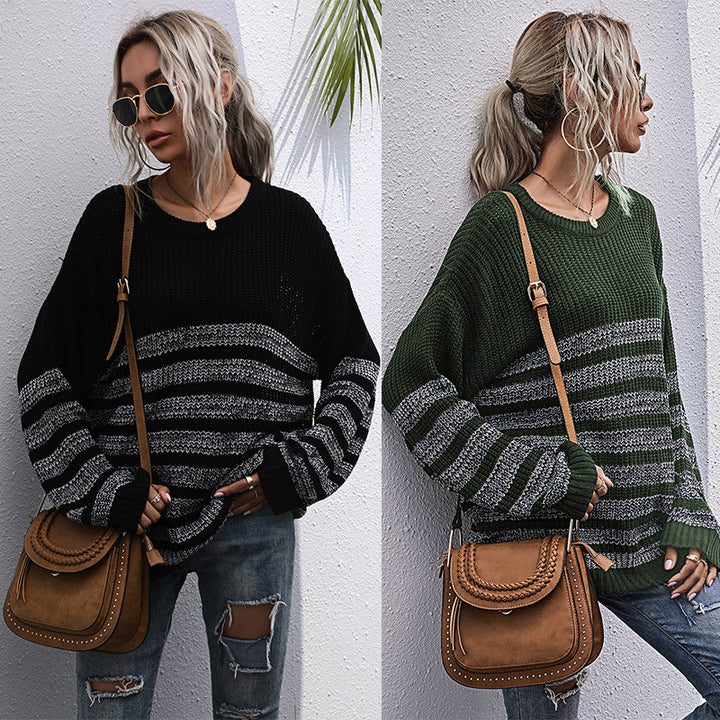 Women's Casual Knit Sweater in Block Stripe Mix with Oversized Silhouette Mune Fashion