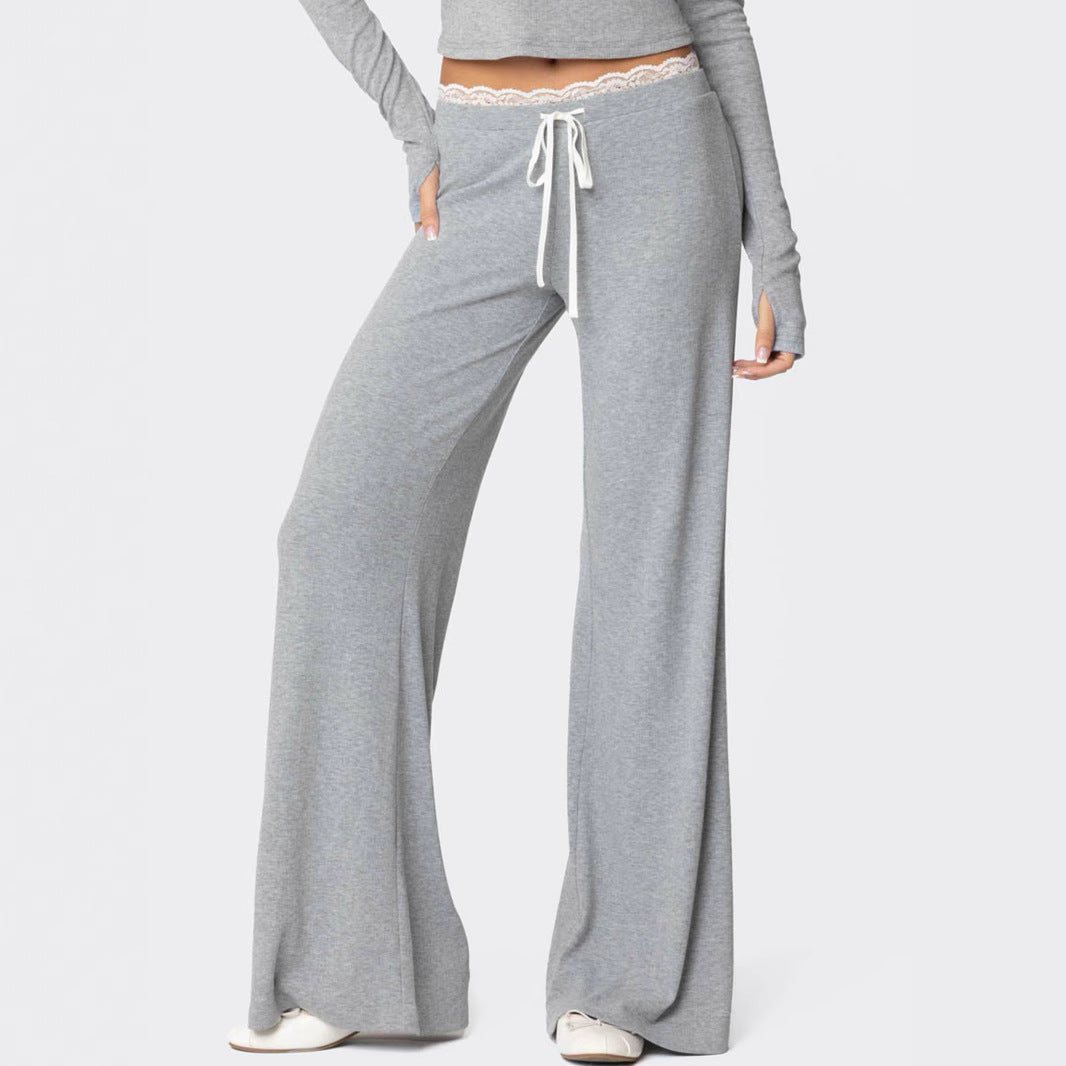 Ladies wide lounge pants with lace band and drawstring Mune Fashion