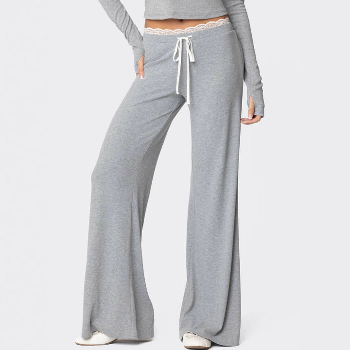 Ladies wide lounge pants with lace band and drawstring Mune Fashion
