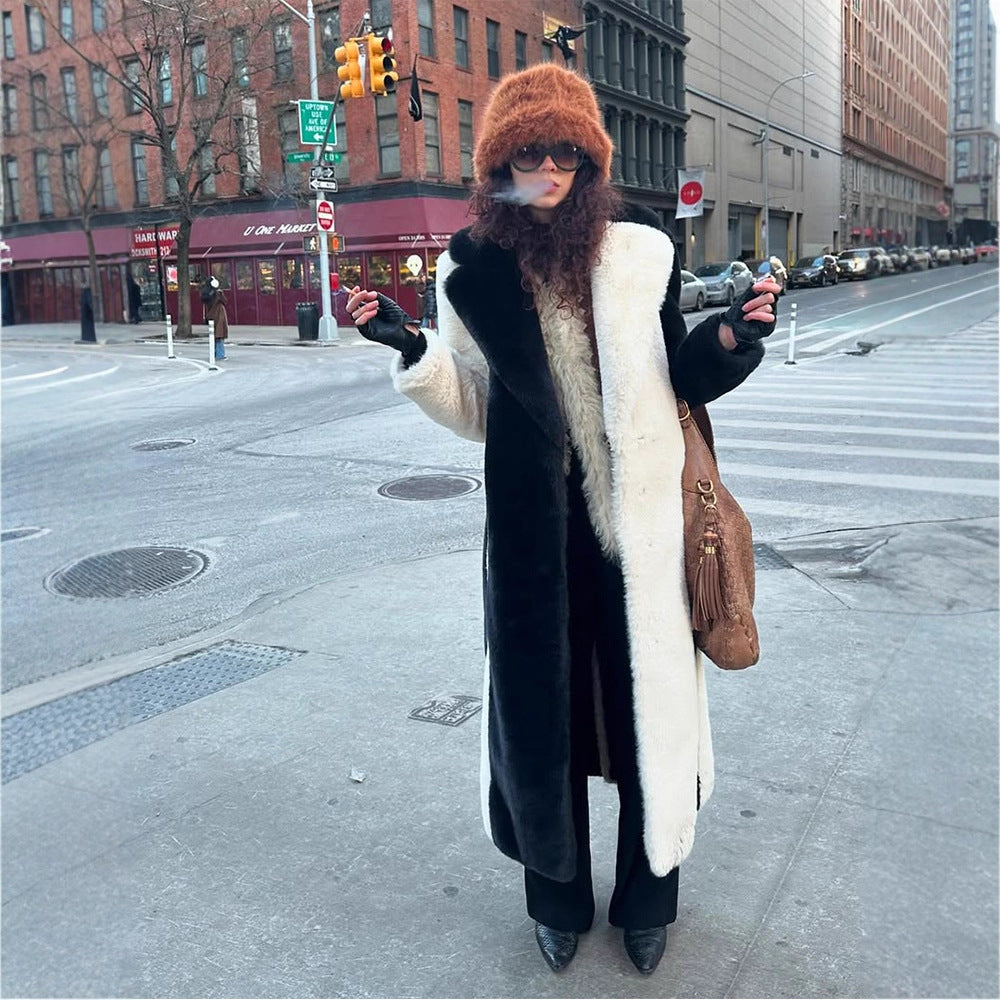 Women's Long Teddy Fur Coat with Contrast Hood Mune Fashion