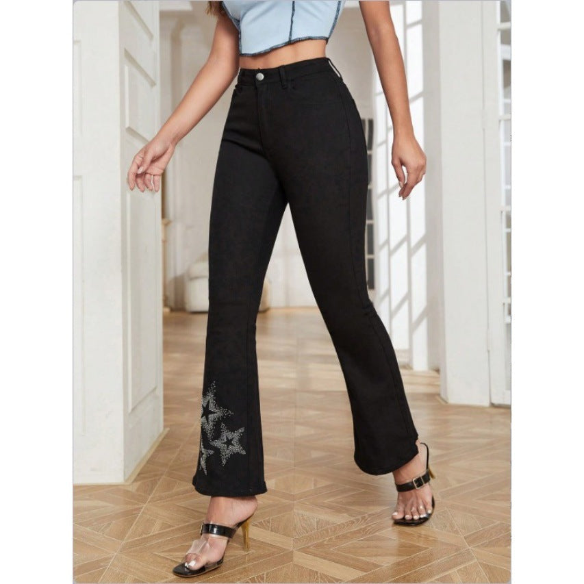 Women's High-Waisted Stretch Bootcut Jeans with Rhinestone Star Applique at Hem Mune Fashion