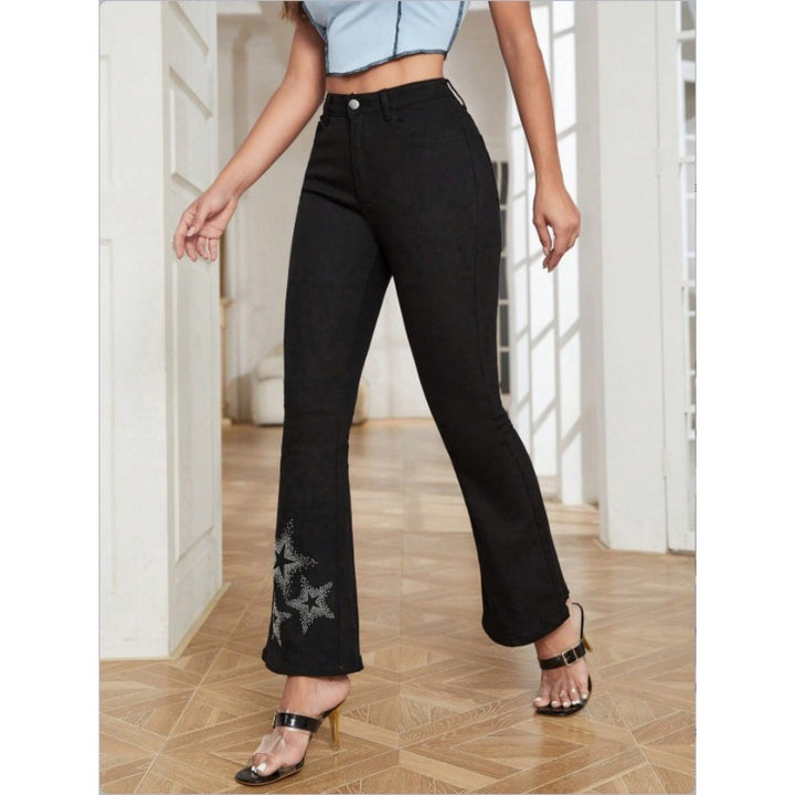 Women's High-Waisted Stretch Bootcut Jeans with Rhinestone Star Applique at Hem Mune Fashion
