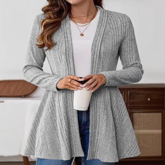 Ladies Open Fine Knit Cardigan with Ribbed Structure, Tailored Cut and Swinging Hem Mune Fashion