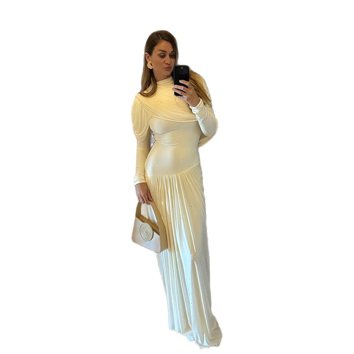 Women Pleated Maxi Evening Dress with Draped Shoulders and Long Sleeves Mune Fashion