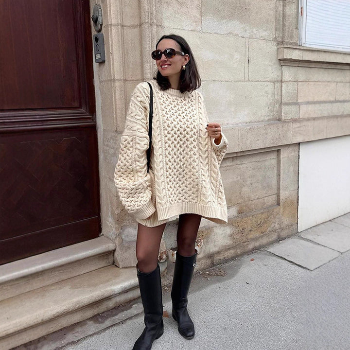 Women's Oversized Chunky Knit Sweater with Cable Knit Pattern and Wide Balloon Sleeves Mune Fashion