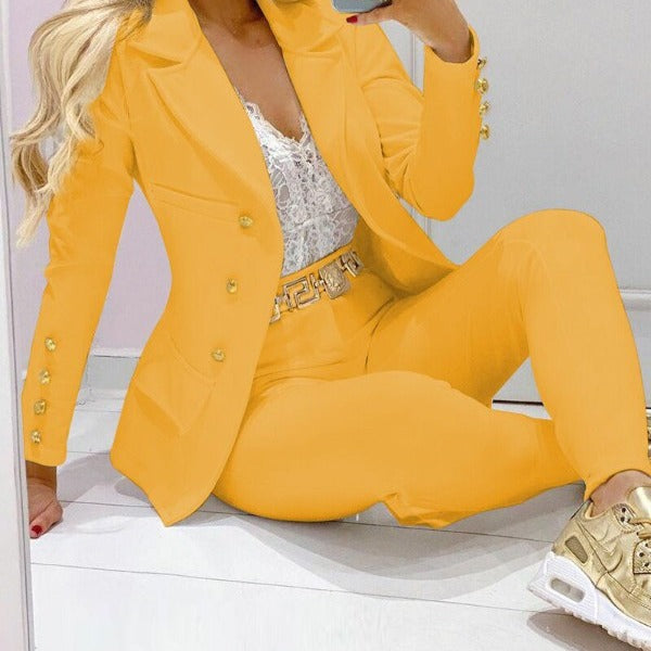 Women Tailored Two-Piece Blazer with Gold Buttons and Slim-Fit Pants Mune Fashion