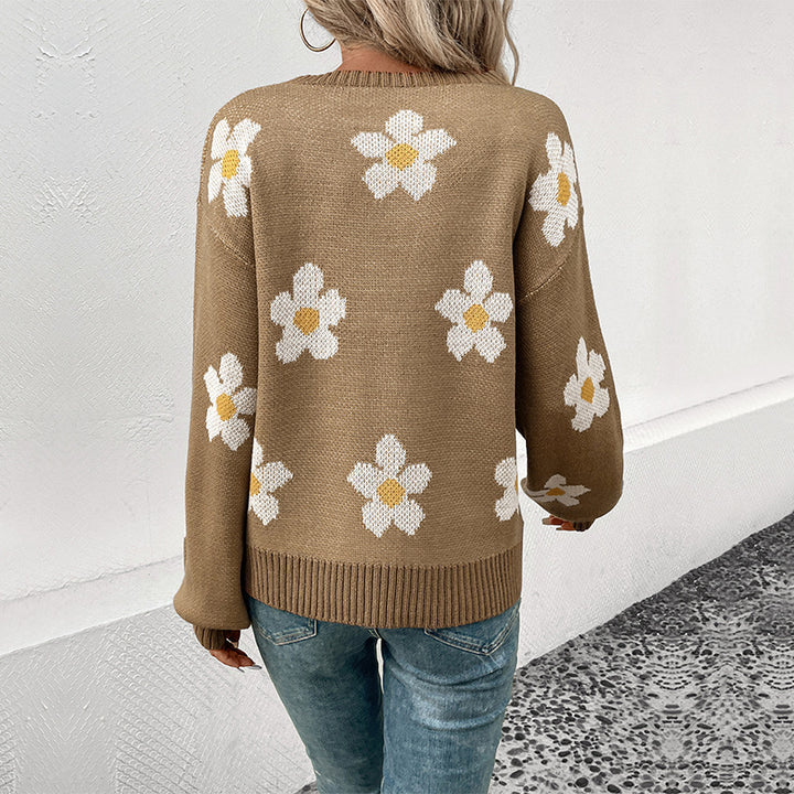 Women's Oversize Sweater with Floral Jacquard, Round Neck and Balloon Sleeves Mune Fashion