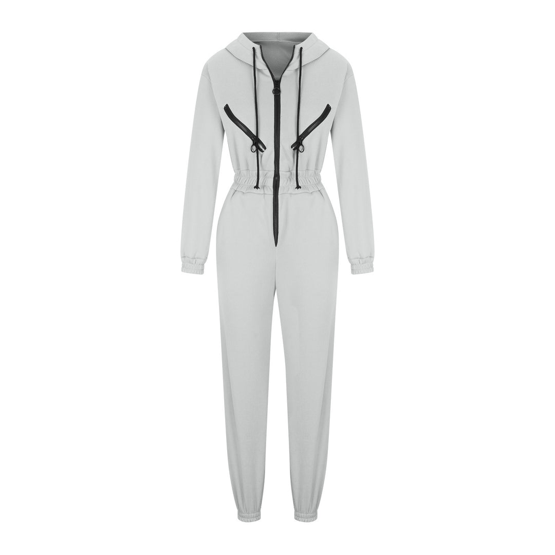 Women's tailored hooded jumpsuit with elastic waistband and striking contrast zippers Mune Fashion