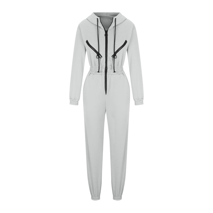 Women's tailored hooded jumpsuit with elastic waistband and striking contrast zippers Mune Fashion