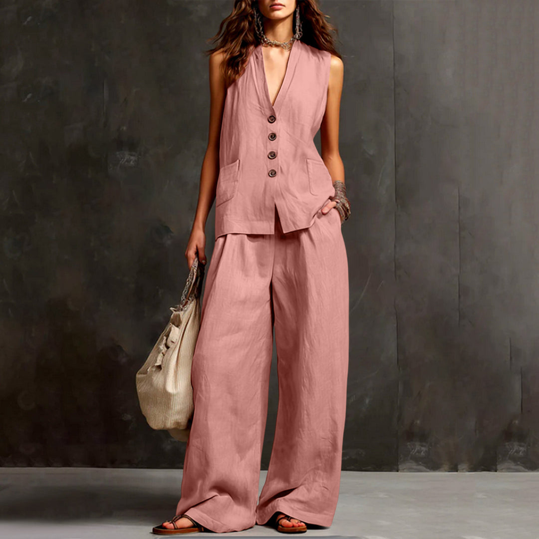 Women's Sleeveless Longline Waistcoat and Palazzo Pants Set in Linen Look Mune Fashion