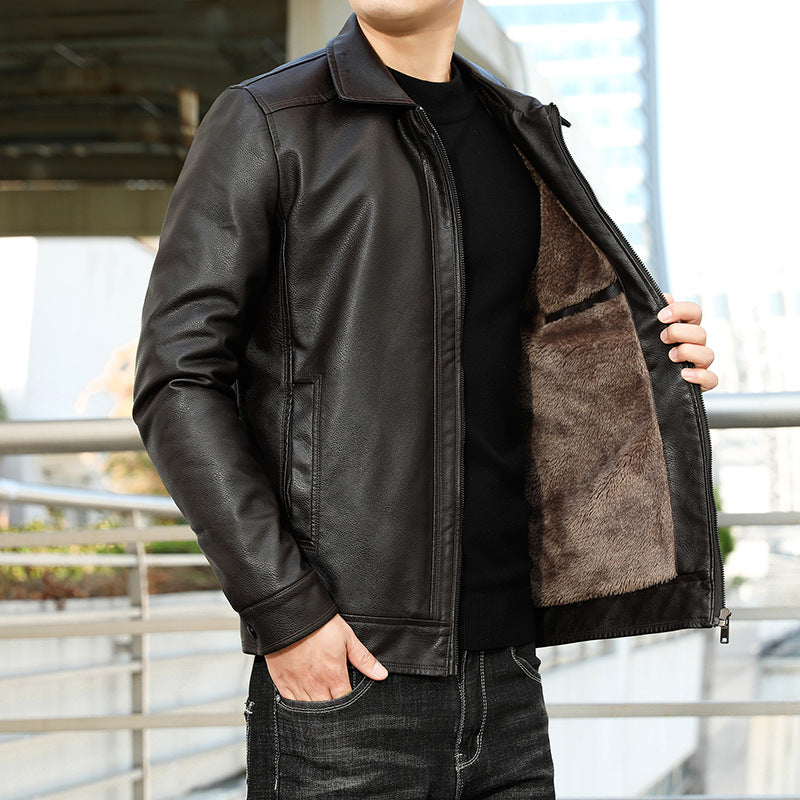 Men's Genuine Leather Blouson with Shirt Collar, Slim Fit and Concealed Zipper Mune Fashion