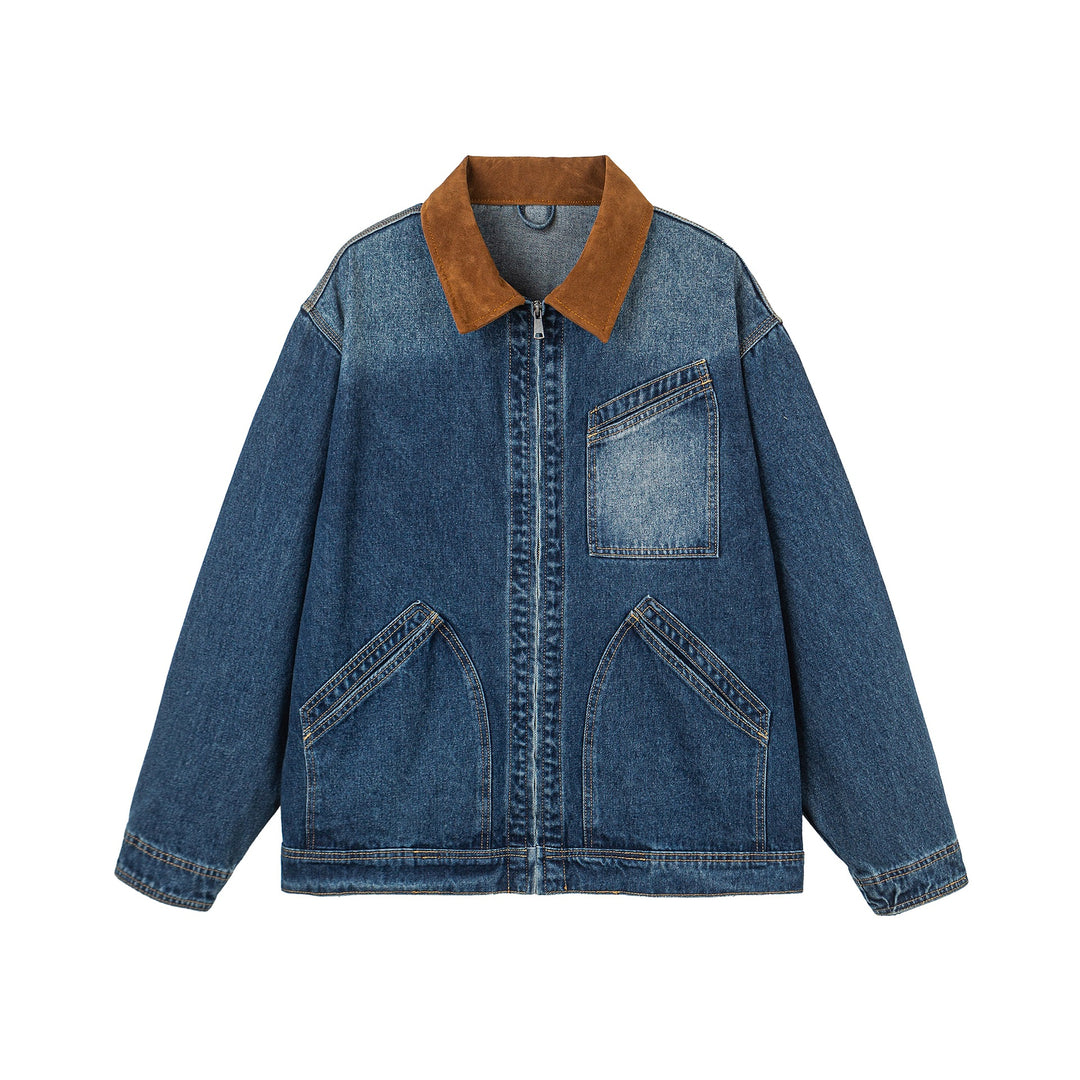 Women's Oversized Denim Jacket with Suede Collar, Concealed Zipper and Distinctive Pockets Mune Fashion