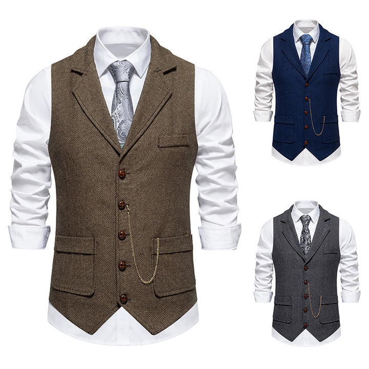 Men's vintage vest with lapel collar watch chain and breast pocket Mune Fashion
