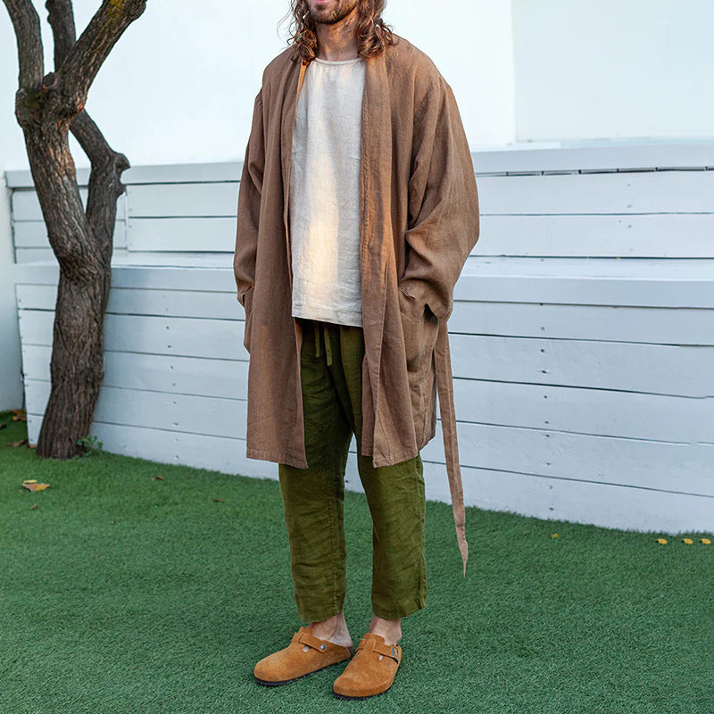 Men's Long Linen Kimono Coat in Relaxed Fit with Tie Belt Mune Fashion