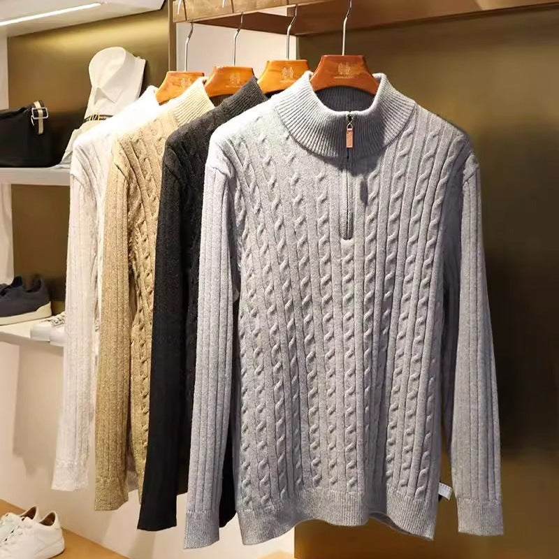 Men's fine knit pullover with cable pattern and half zip stand-up collar Mune Fashion