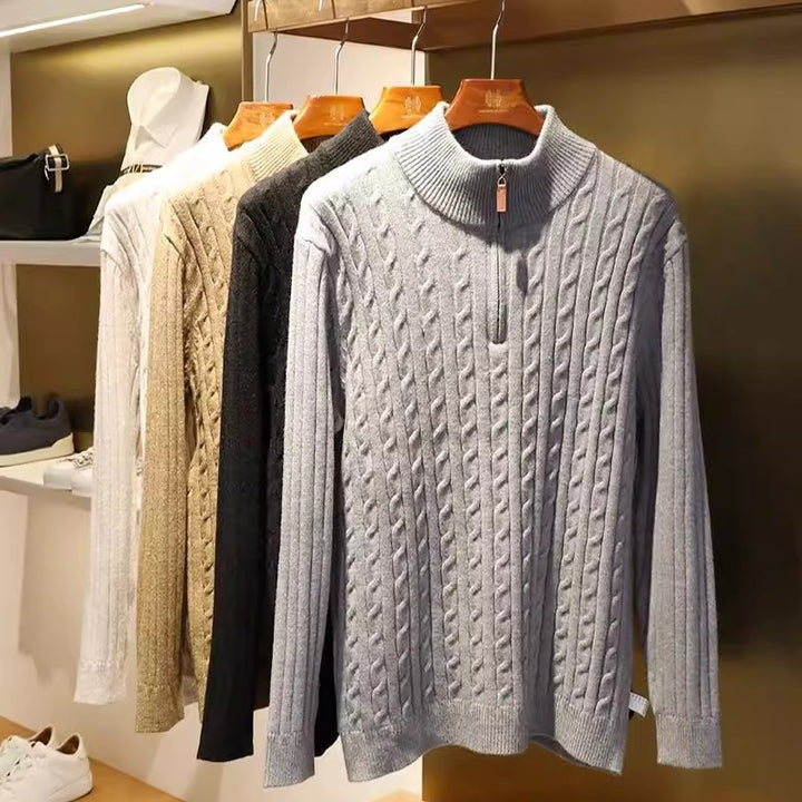 Men's fine knit pullover with cable pattern and half zip stand-up collar Mune Fashion