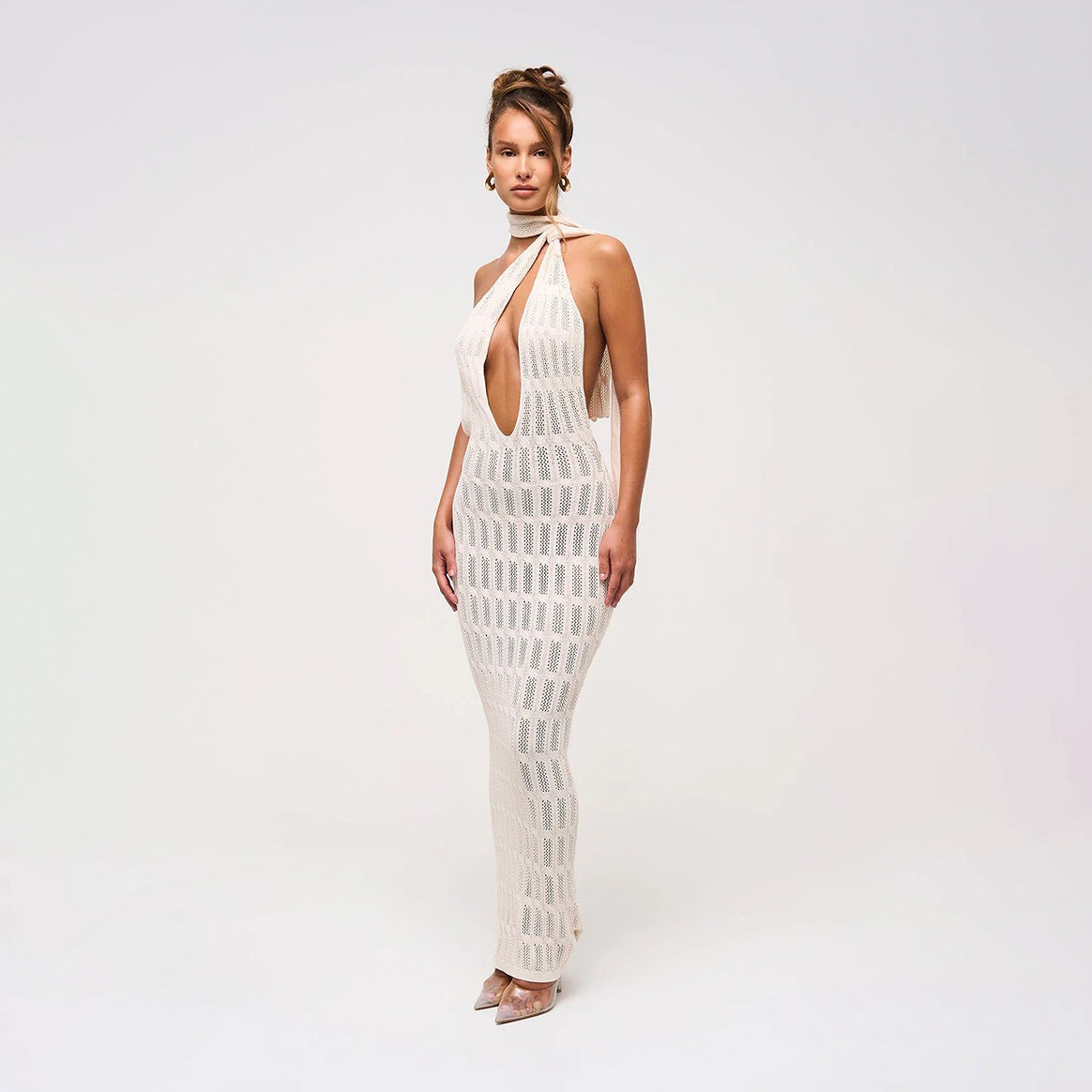 Women trendy net dress with tie belt Mune Fashion
