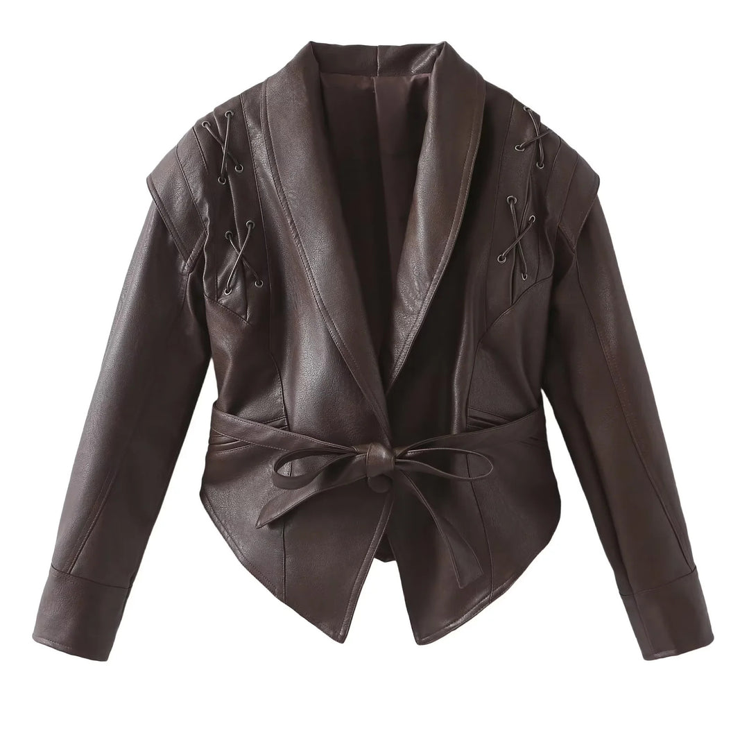 Women's Velvet Look Blazer Jacket with Shawl Collar, Lace-Up Detail on the Shoulders and Figure-Hugging Tie Belt Mune Fashion