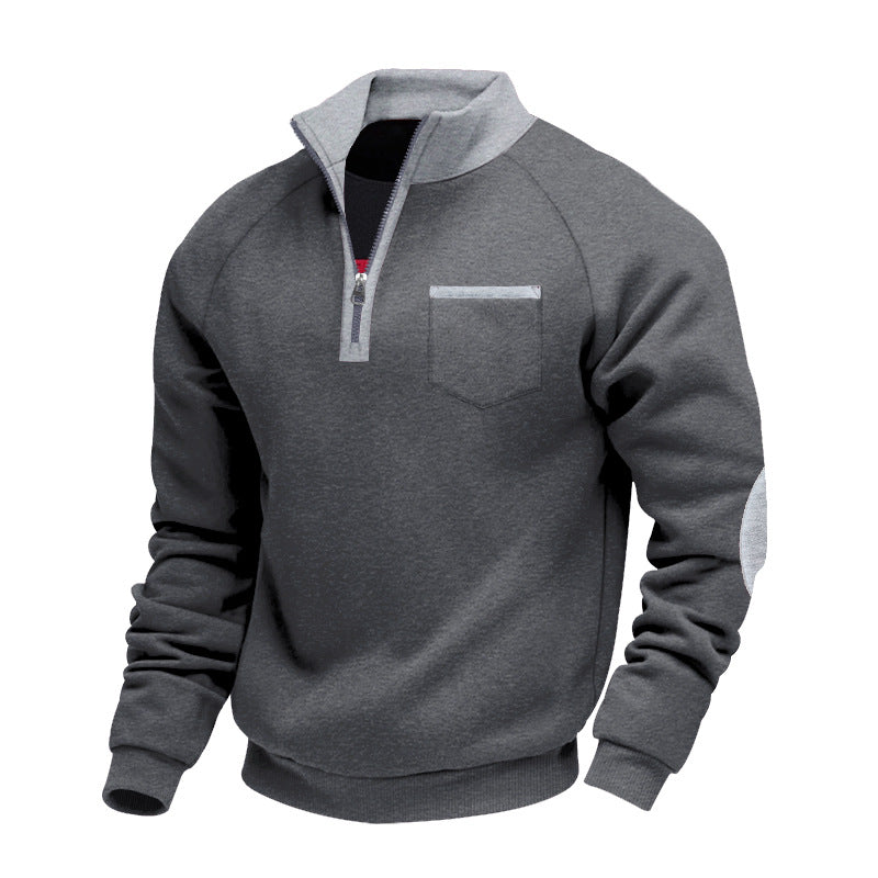 Men's Raglan Half-Zip Sweatshirt with Stand-Up Collar, Chest Pocket & Elbow Application Mune Fashion