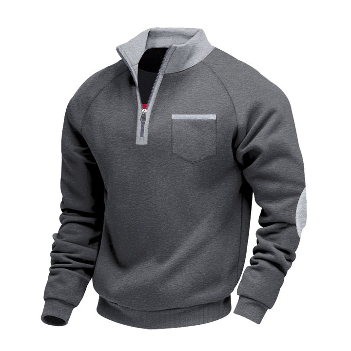 Men's Raglan Half-Zip Sweatshirt with Stand-Up Collar, Chest Pocket & Elbow Application Mune Fashion
