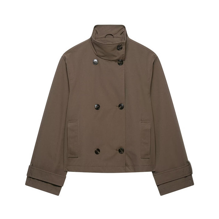 Women's Short Cut Double-Breasted Trench Coat with Stand Collar and Adjustable Sleeve Straps Mune Fashion