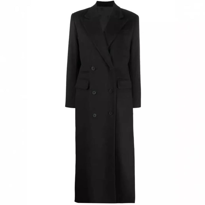Women's Maxi Long Double-Breasted Wool Blend Coat with Structured Shoulders and Flap Pockets Mune Fashion