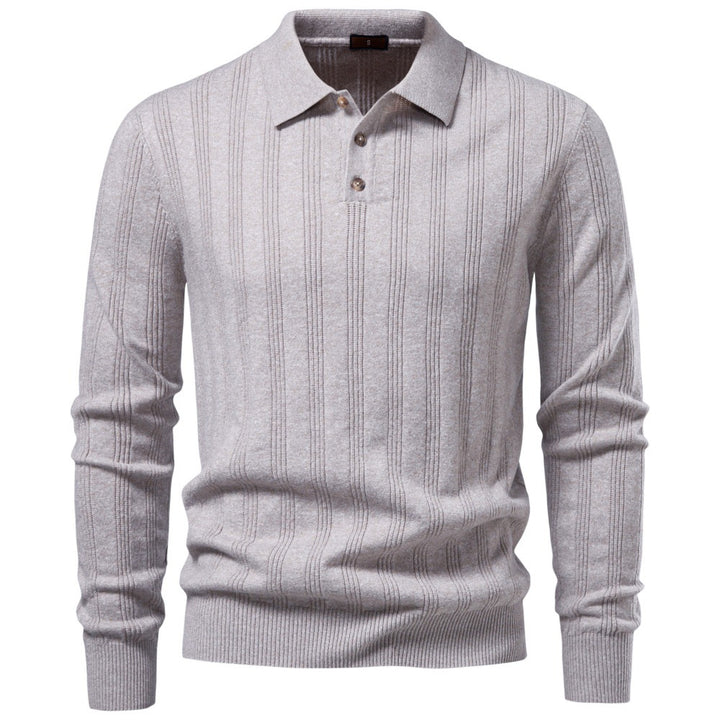 Men's Long Sleeve Fine Knit Polo Shirt with Textured Stripes and Ribbed Hem Mune Fashion