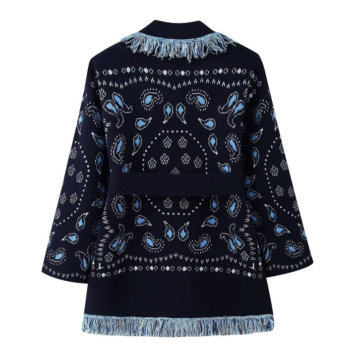 Women's Fringe Cardigan with Paisley Jacquard, Waist Belt and Open Kimono Silhouette Mune Fashion