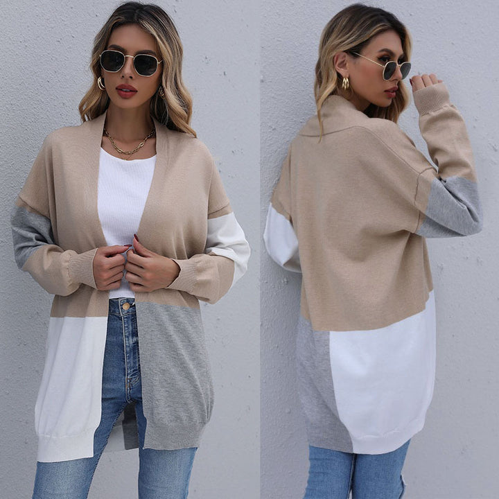 Women's Long Colorblock Fine Knit Cardigan with Open Front and Dropped Shoulder Mune Fashion