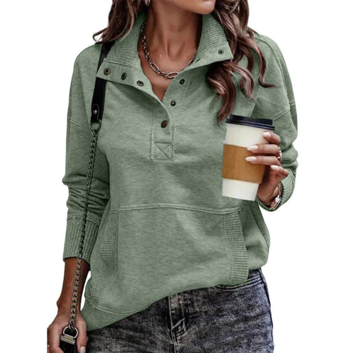 Women's sweat pullover with stand-up collar button placket and kangaroo pocket Mune Fashion