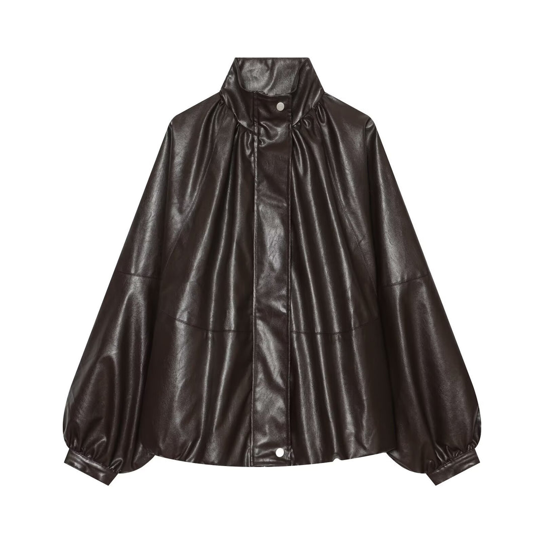 Women Oversized Leather-Like Cape with Stand Collar and Balloon Sleeves Mune Fashion