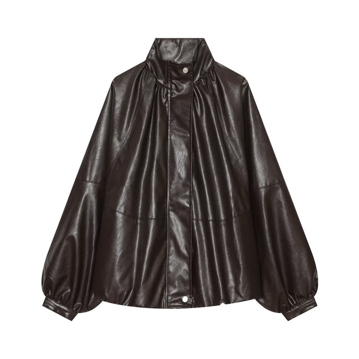 Women Oversized Leather-Like Cape with Stand Collar and Balloon Sleeves Mune Fashion