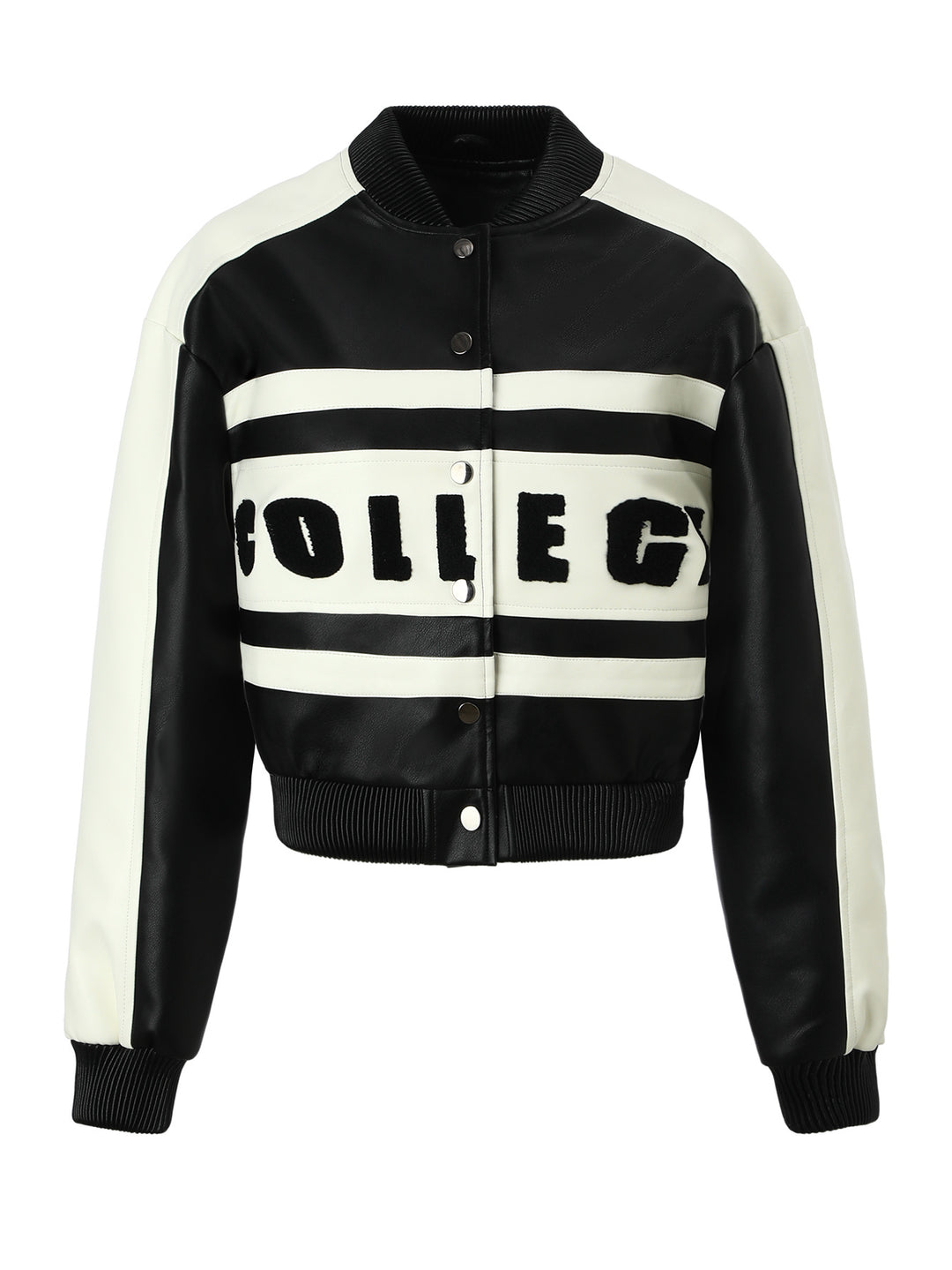 Women Cropped College Bomber Jacket made of faux leather with contrasting stripes and snap buttons Mune Fashion