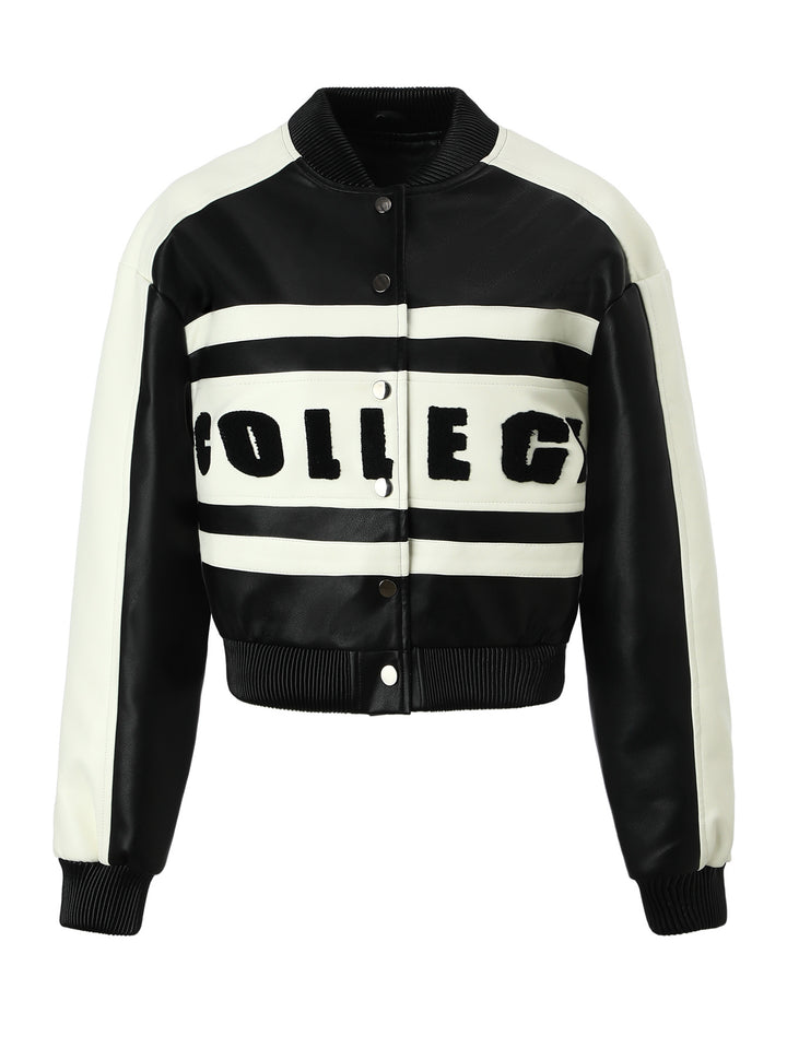 Women Stylish Short Leather Jacket with College Design Mune Fashion