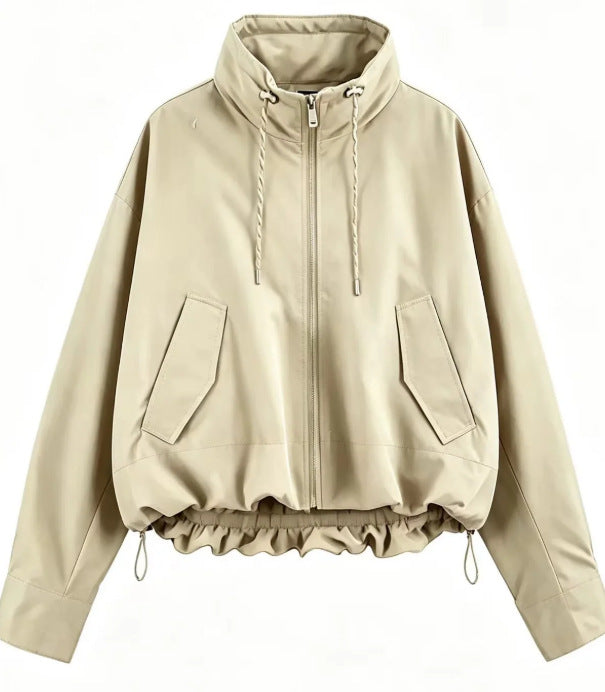 Women’s Oversize Cropped Hooded Jacket with Full Zip, Drawstring and Gathered Hem Mune Fashion