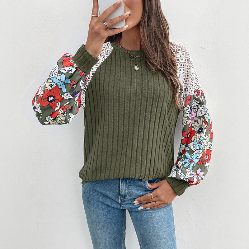 Women's Ribbed Sweater with Crochet Shoulder Inserts and Floral Balloon Sleeves Mune Fashion