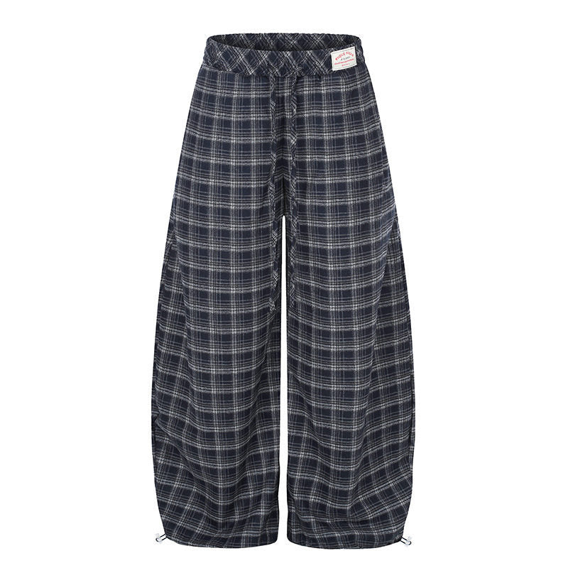 Women Checked Palazzo Pants in Loungewear Style with Wide Leg, Elastic Waistband and Drawstring