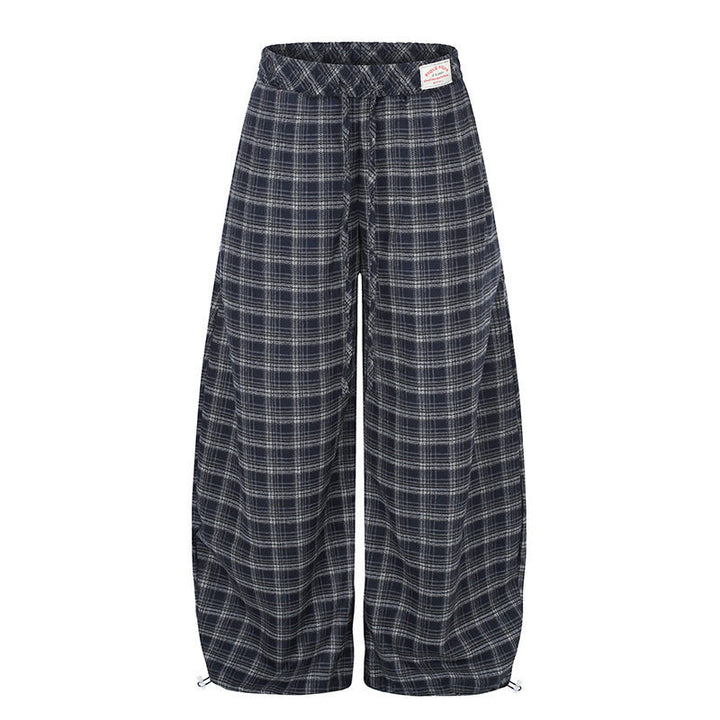 Women Checked Palazzo Pants in Loungewear Style with Wide Leg, Elastic Waistband and Drawstring
