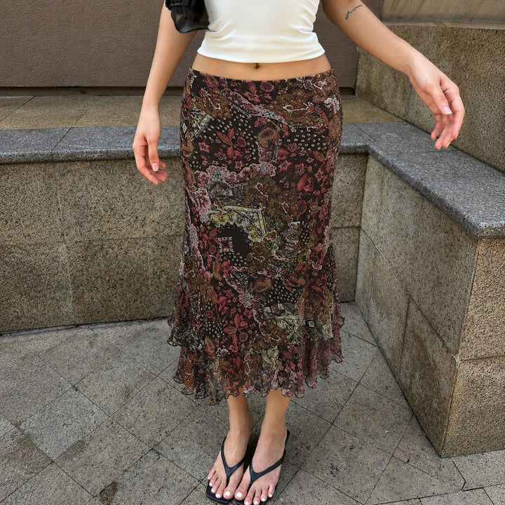 Women Chiffon Midi Skirt with Layered Ruffle, Paisley Print and Asymmetrical Hem Mune Fashion